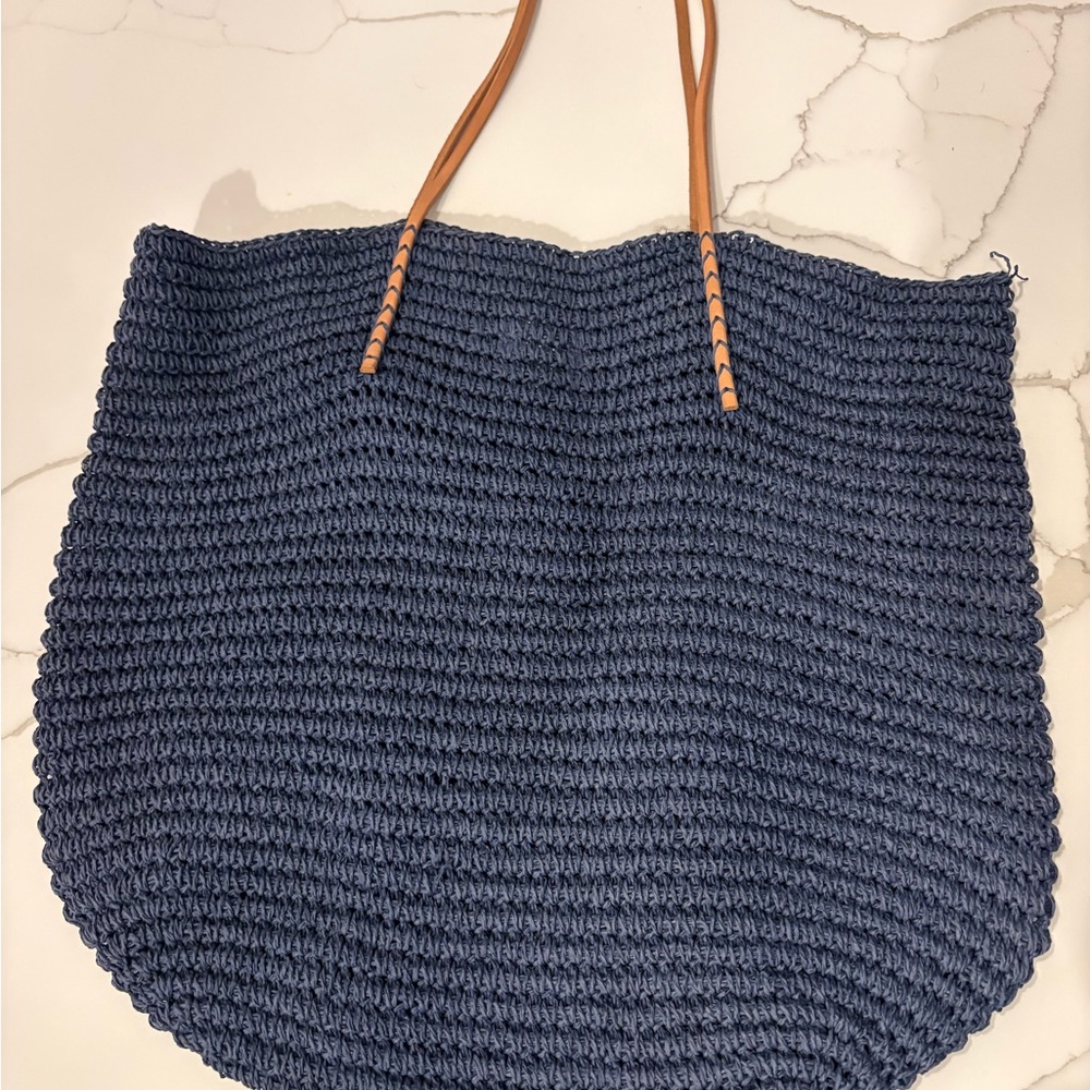 Merona Navy Woven Tote with Brown Straps